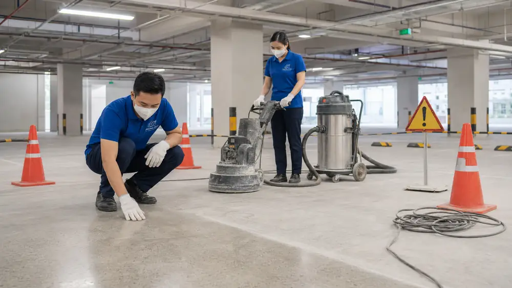 Đánh bóng sàn bê tông gara, bãi xe tại Huế có bền không?