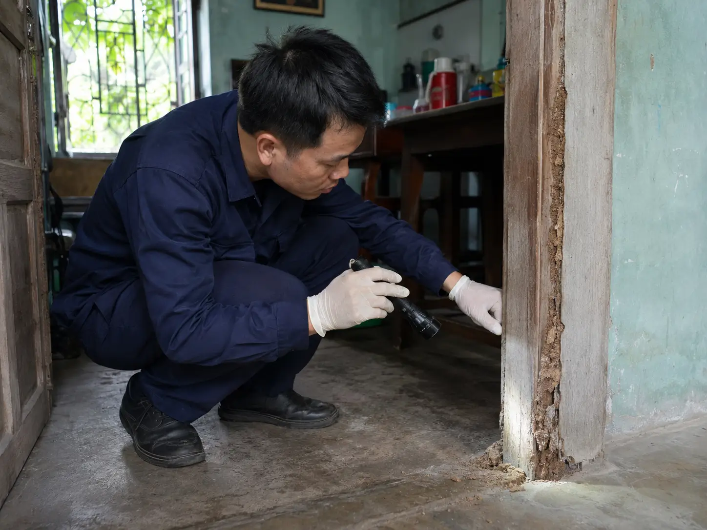 Kỹ thuật viên kiểm tra và xử lý mối tại nhà dân ở Kim Long, Huế