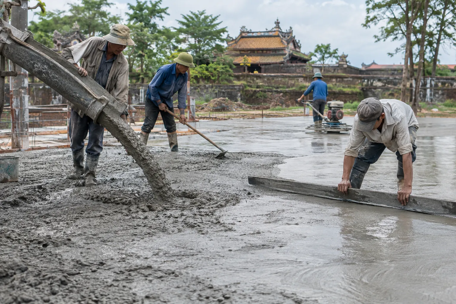 Thợ đổ bê tông từ vòi bơm, cào san và cán thước mặt nền, phía sau là máy xoa nền